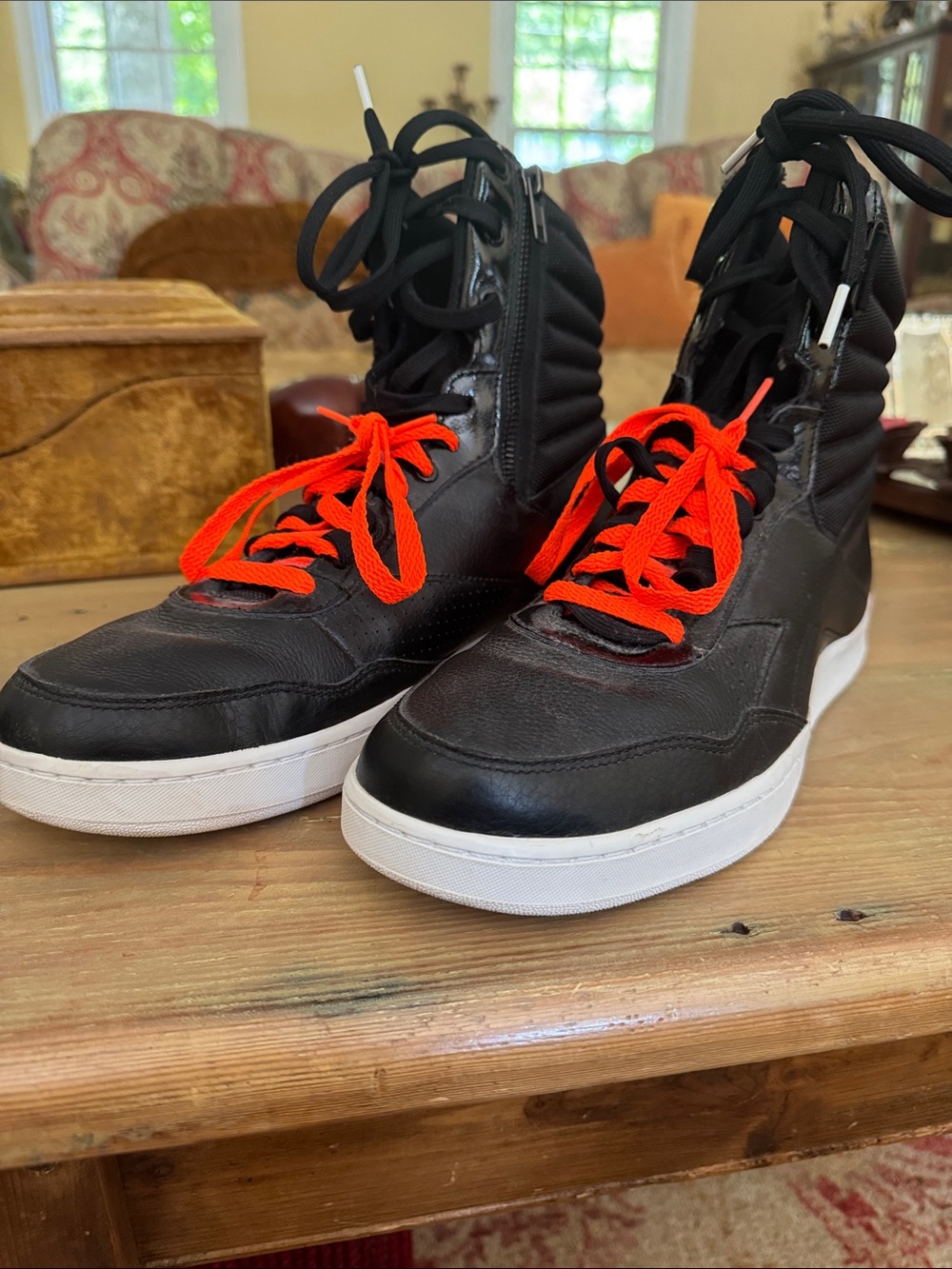 Vintage Reebok Black High-Top Sneakers with Bright Orange Laces Side Zipper